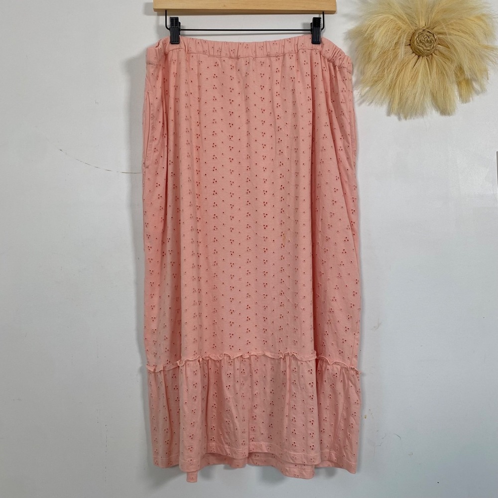 Vintage National Womens Pink Cottagecore Eyelet Midi Skirt Size L Cotton Boho